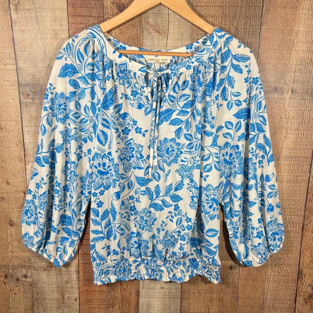Parallel Skies Blue White Floral Balloon Sleeve Peasant Top Smocked Blouse XL
